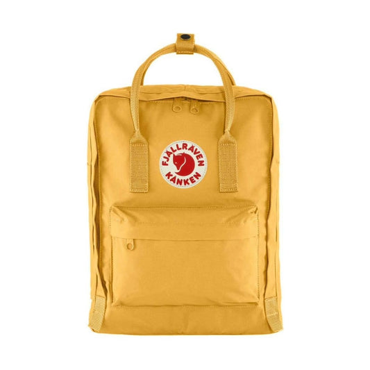 Fjällräven Kånken backpack with a classic boxy shape, featuring top handles, adjustable shoulder straps, front zip pocket, and durable fabric for everyday use