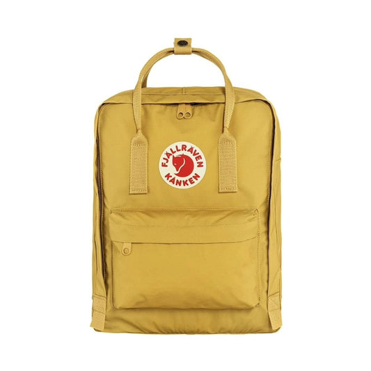 Fjällräven Kånken backpack with a classic boxy shape, featuring top handles, adjustable shoulder straps, front zip pocket, and durable fabric for everyday use