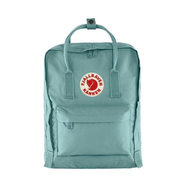 Fjällräven Kånken backpack with a classic boxy shape, featuring top handles, adjustable shoulder straps, front zip pocket, and durable fabric for everyday use