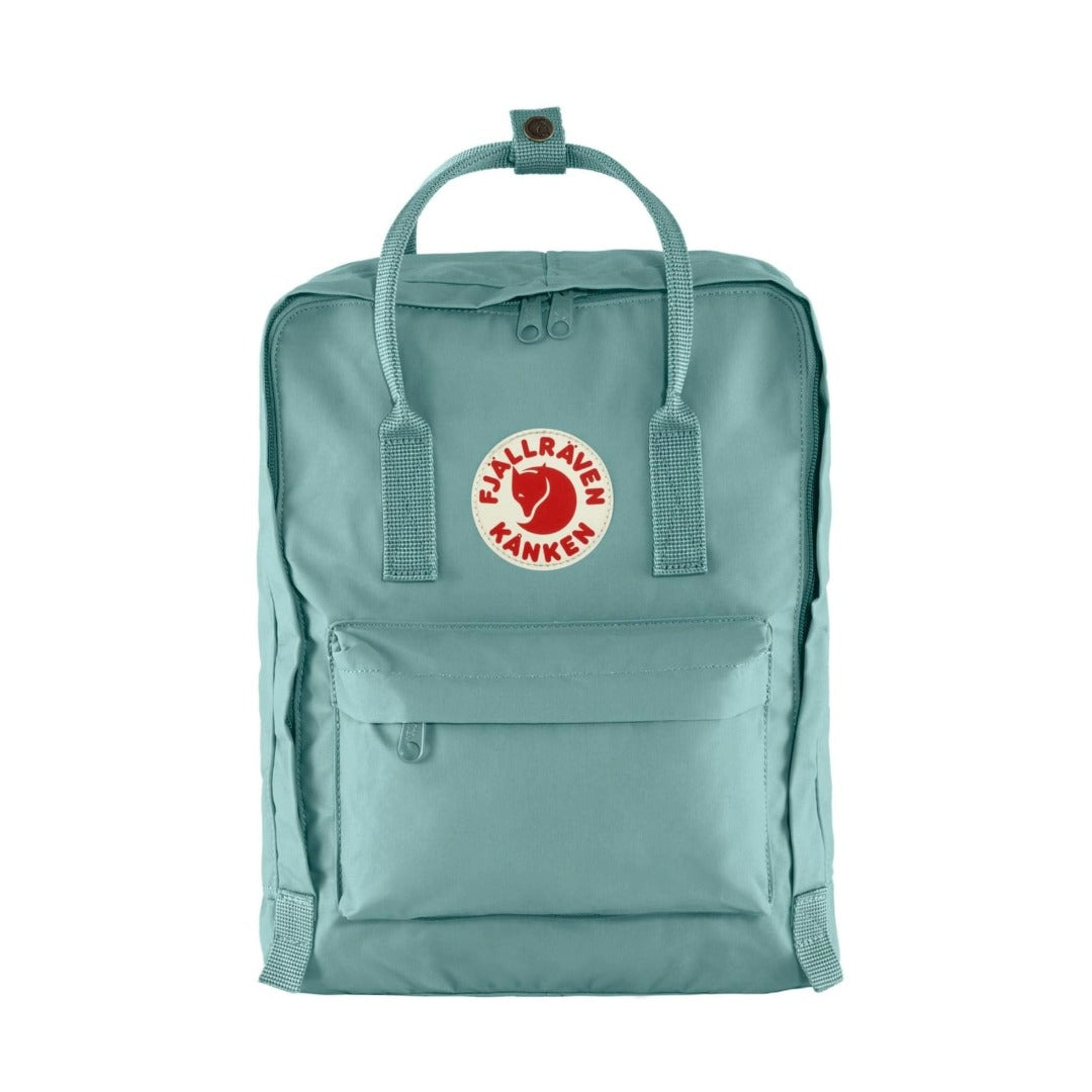 Fjällräven Kånken backpack with a classic boxy shape, featuring top handles, adjustable shoulder straps, front zip pocket, and durable fabric for everyday use