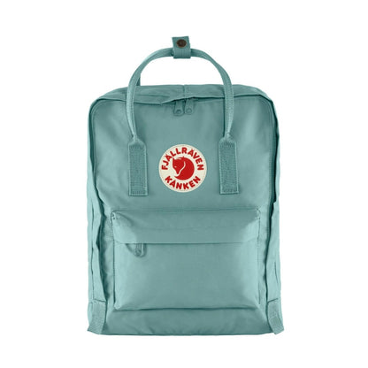 Fjällräven Kånken backpack with a classic boxy shape, featuring top handles, adjustable shoulder straps, front zip pocket, and durable fabric for everyday use