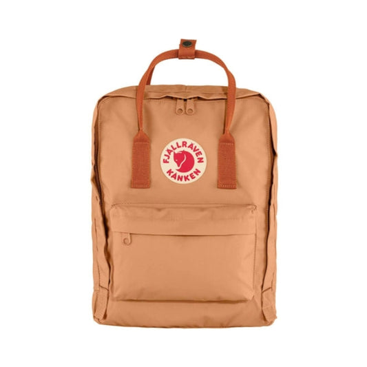 Fjällräven Kånken backpack with a classic boxy shape, featuring top handles, adjustable shoulder straps, front zip pocket, and durable fabric for everyday use