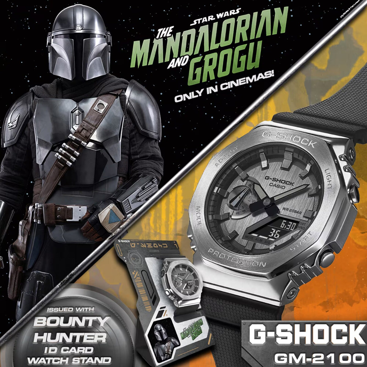 G-SHOCK Mandalorian and Grogu watch with Bounty Hunter ID Card display stand