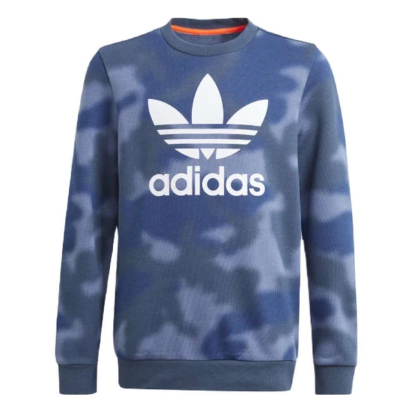 A front view of the adidas Junior Camo Crew featuring a camouflage print design