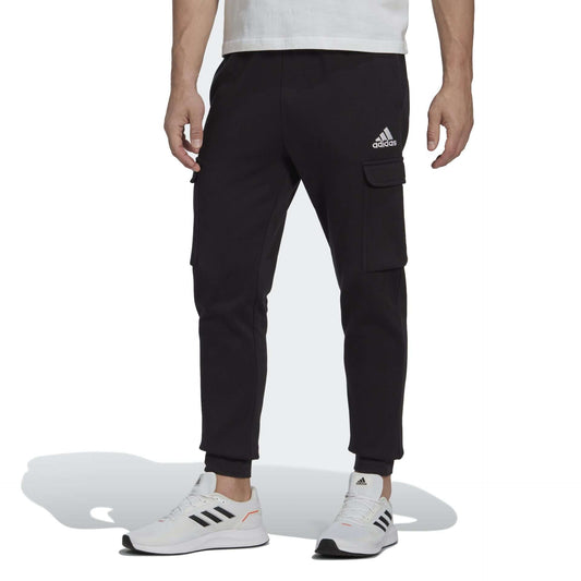 adidas Men's ESSENTIALS FLEECE REGULAR TAPERED CARGO PANTS , HL2234, Medium Grey Heather / Black