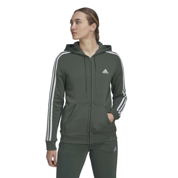 adidas Women's ESSENTIALS FLEECE 3-STRIPES FULL-ZIP HOODIE , HM1897, Green Oxide / White