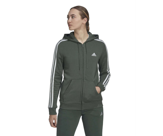 adidas Women's ESSENTIALS FLEECE 3-STRIPES FULL-ZIP HOODIE , HM1897, Green Oxide / White
