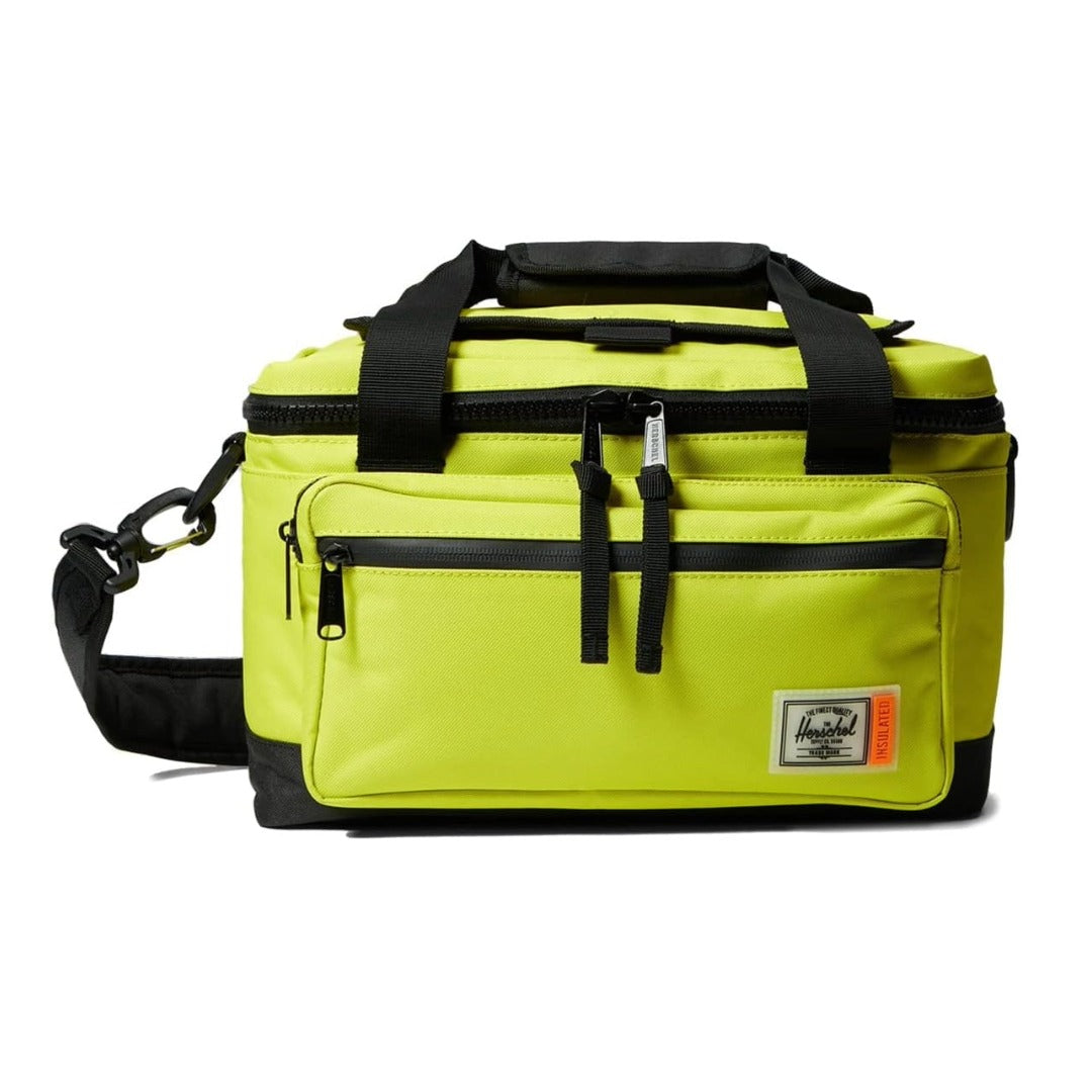 Herschel insulated Pop Quiz cooler bag with a compact rectangular design, top zip closure, front pocket, and shoulder strap for carrying drinks and snacks.