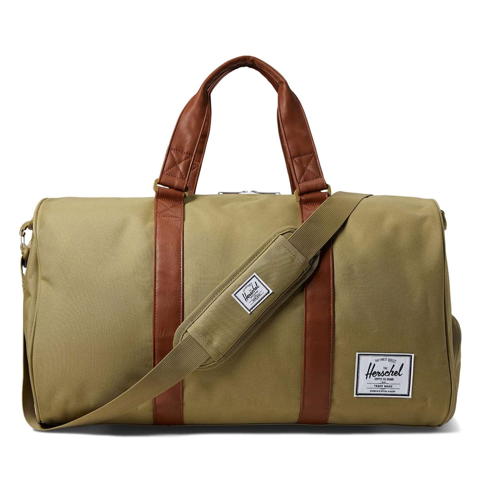 Herschel Novel duffle bag with a spacious main compartment, side shoe pocket, and dual carry handles, designed for travel and gym use.