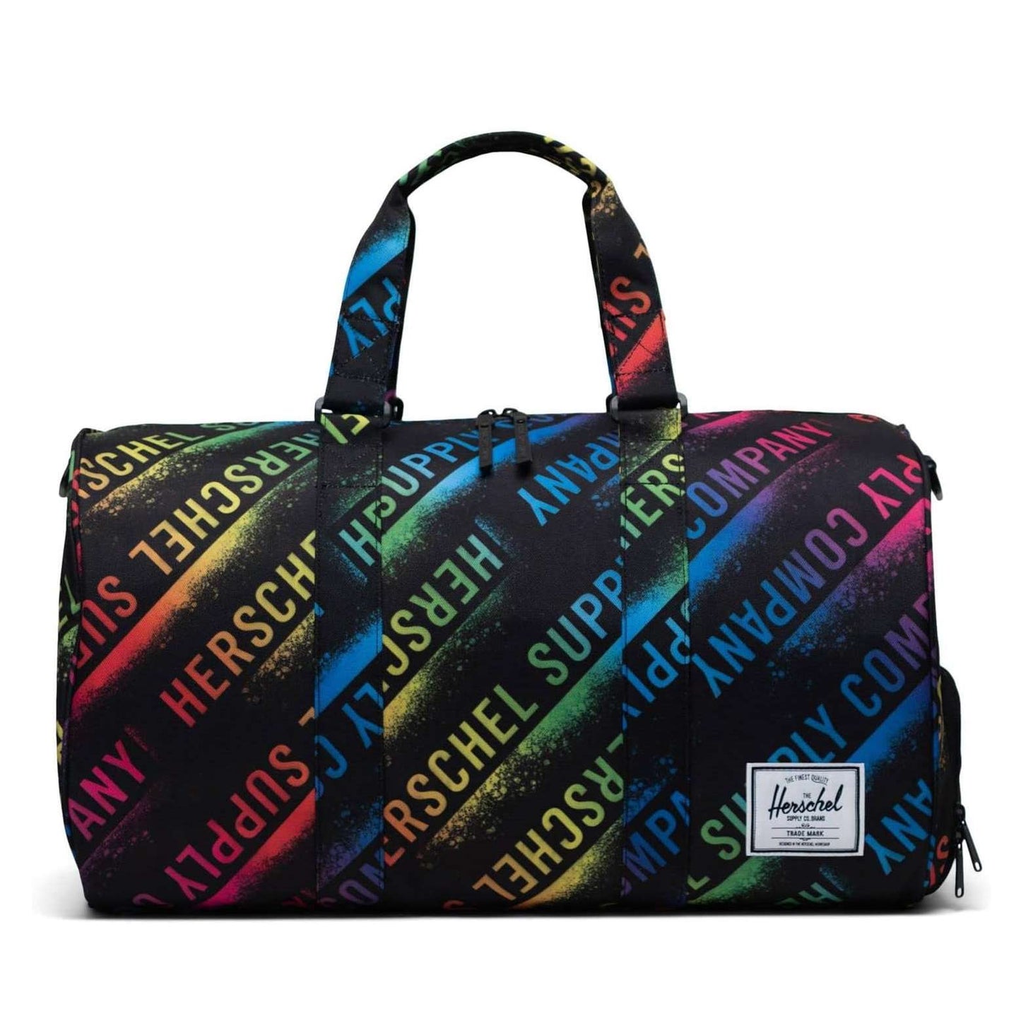 Herschel Novel duffle bag with a spacious main compartment, side shoe pocket, and dual carry handles, designed for travel and gym use.