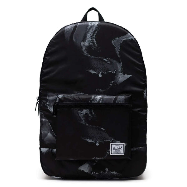 Herschel packable daypack folded and unfolded, showing a lightweight backpack design with adjustable straps and compact storage capability.