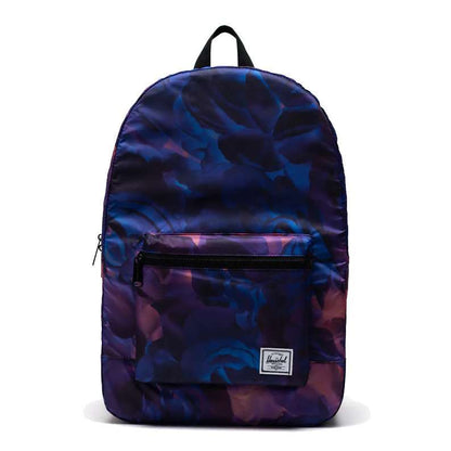 Herschel packable daypack folded and unfolded, showing a lightweight backpack design with adjustable straps and compact storage capability.