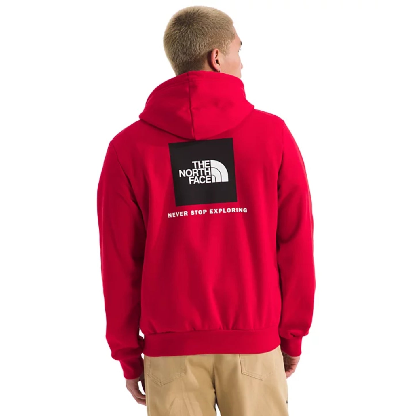 The North Face Men’s Evolution Box Hoodie in black with front logo on chest and large white “Never Stop Exploring” graphic on the back.