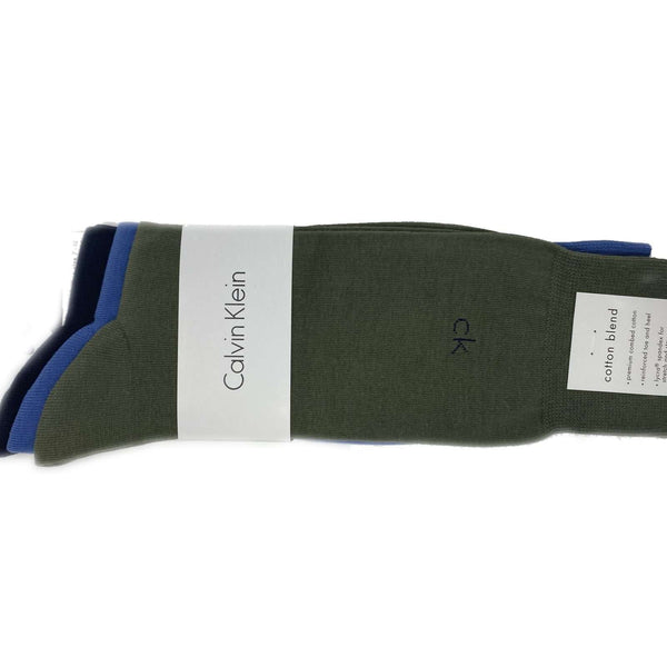 Calvin Klein Men's Combed Cotton Blend Dress Socks 3 pack A91219-NE9 Olive, Light Blue, Navy Blue