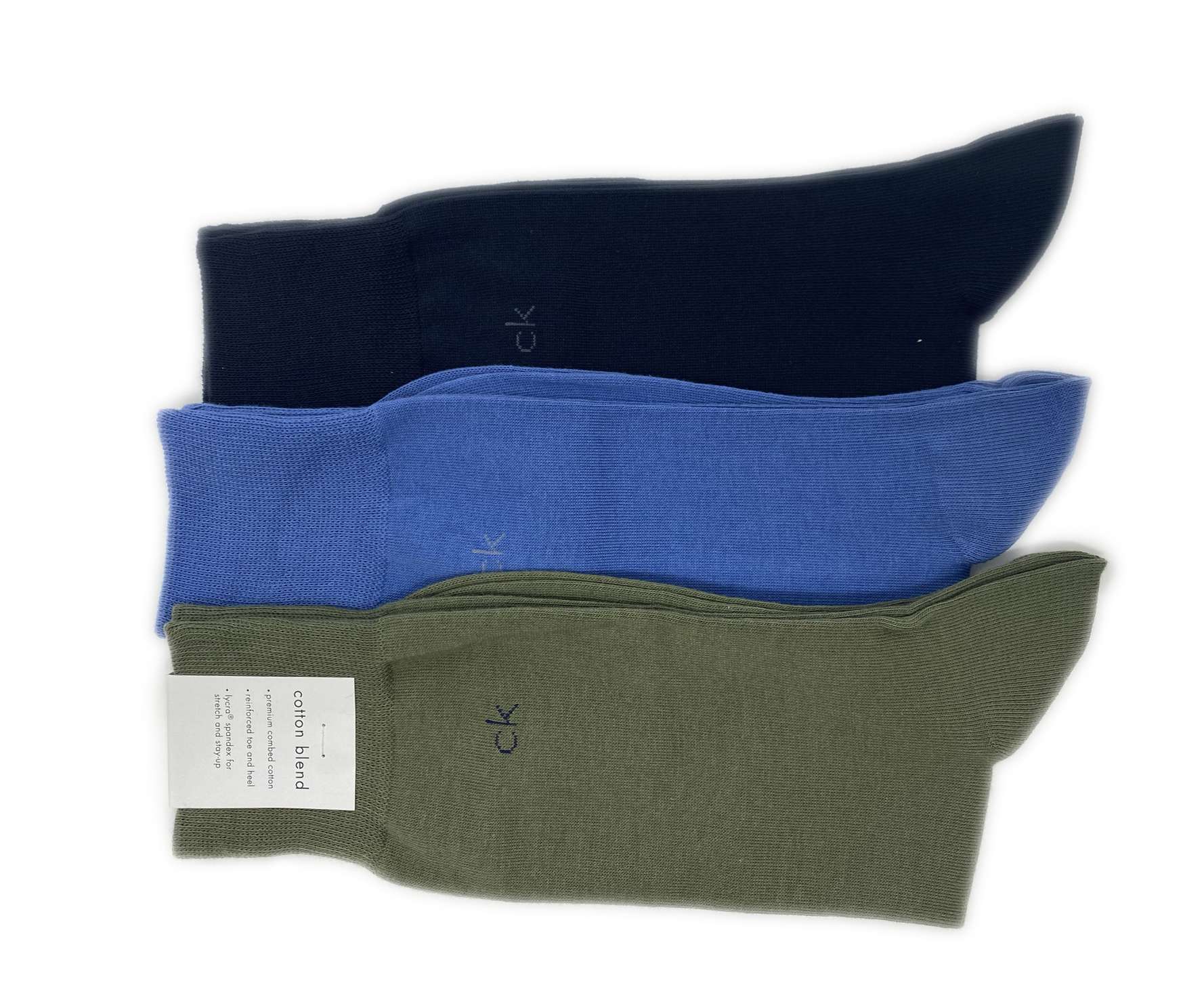 Calvin Klein Men's Combed Cotton Blend Dress Socks 3 pack A91219-NE9 Olive, Light Blue, Navy Blue