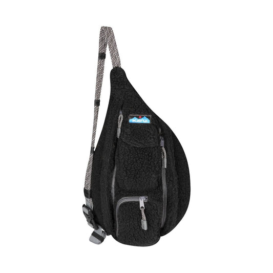 Compact fleece sling bag featuring a rope shoulder strap, multiple zippered compartments, soft textured exterior, and a lightweight crossbody design for everyday carry