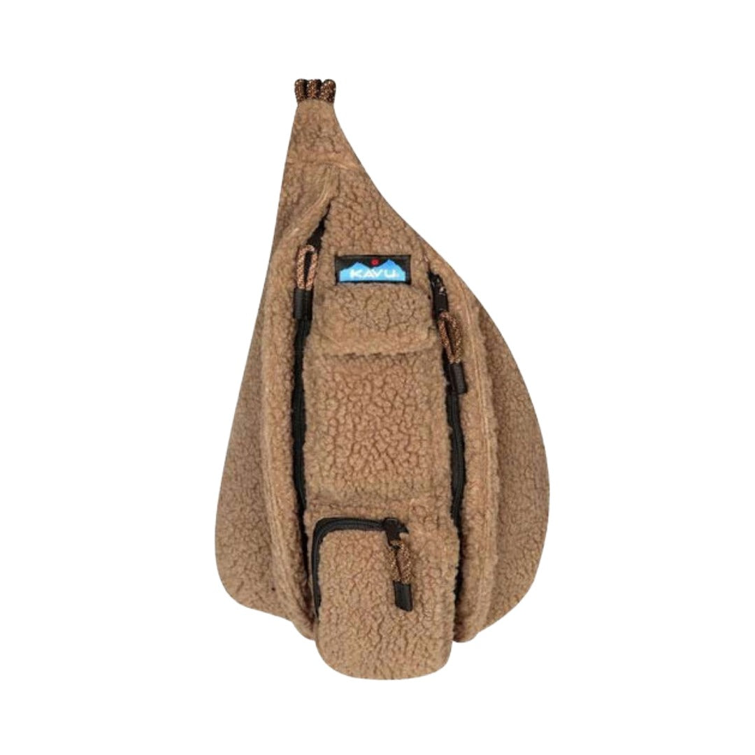 Compact fleece sling bag featuring a rope shoulder strap, multiple zippered compartments, soft textured exterior, and a lightweight crossbody design for everyday carry