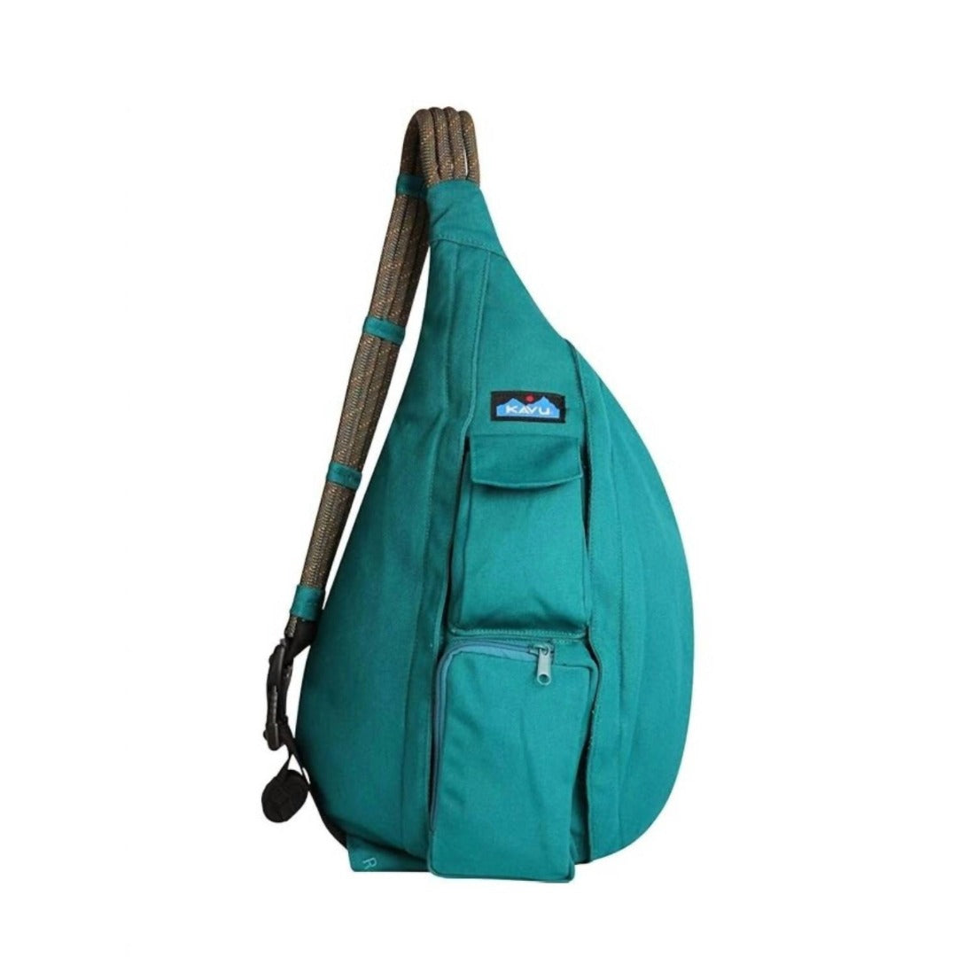 Crossbody sling bag featuring a rope shoulder strap, multiple zippered compartments, and a compact hands-free design for travel, hiking, and everyday carry