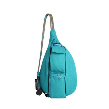 Compact sling bag featuring a rope shoulder strap, multiple zippered storage compartments, adjustable fit, and a lightweight design for travel and everyday carry