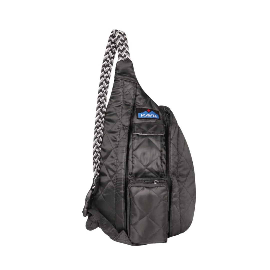 Compact quilted sling bag featuring a puffer-style exterior, rope shoulder strap, multiple zippered compartments, and a lightweight crossbody design for everyday carry