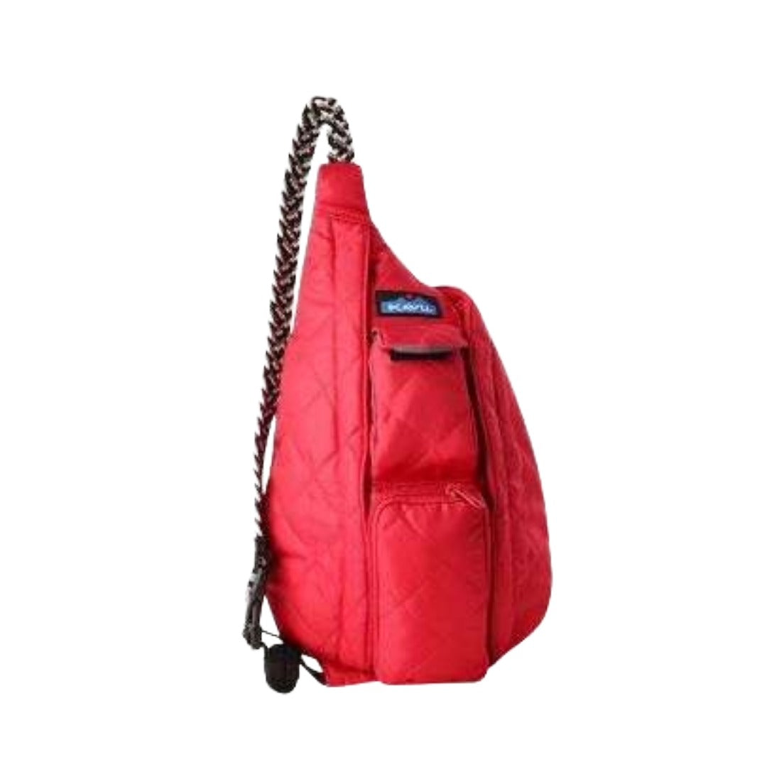 Compact quilted sling bag featuring a puffer-style exterior, rope shoulder strap, multiple zippered compartments, and a lightweight crossbody design for everyday carry