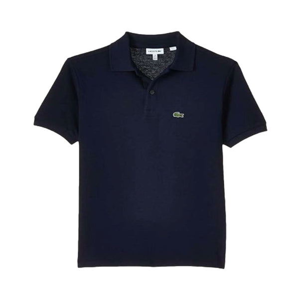 Boys wearing a Lacoste short sleeve polo shirt made of cotton piqué, featuring a classic collar, button placket, and embroidered crocodile logo.