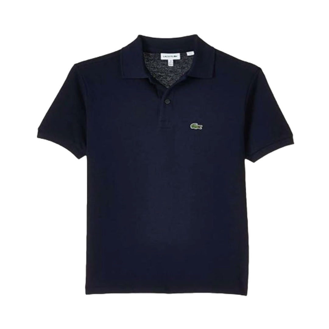 Boys wearing a Lacoste short sleeve polo shirt made of cotton piqué, featuring a classic collar, button placket, and embroidered crocodile logo.