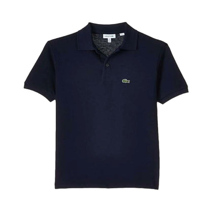 Boys wearing a Lacoste short sleeve polo shirt made of cotton piqué, featuring a classic collar, button placket, and embroidered crocodile logo.