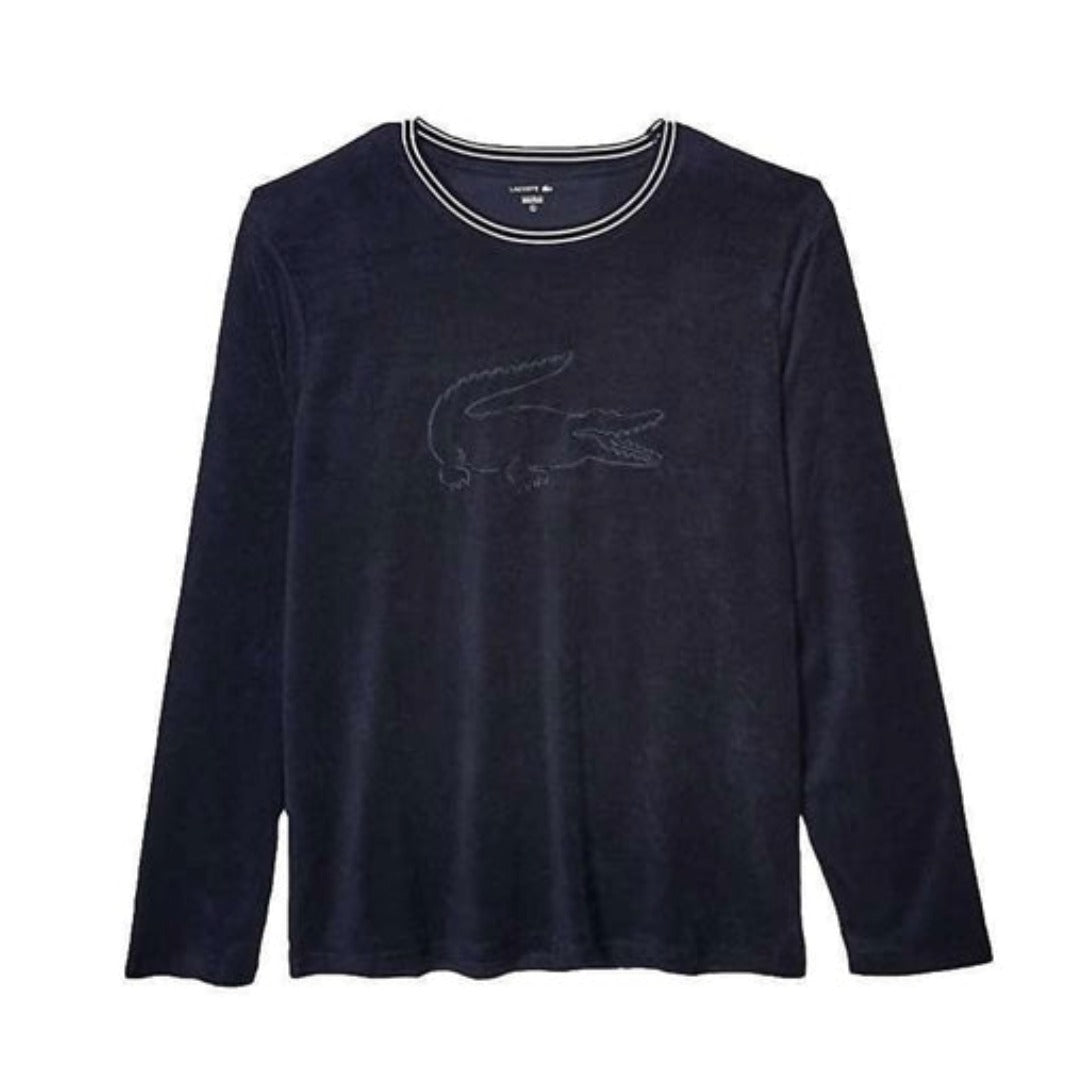 Lacoste men’s crewneck sweatshirt made from soft terry fabric, featuring long sleeves, ribbed cuffs, and signature crocodile logo for casual comfort.