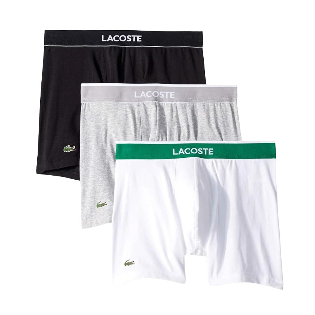 Lacoste men’s cotton stretch boxer briefs with a longer leg design, flexible fabric, and elastic logo waistband for everyday comfort.