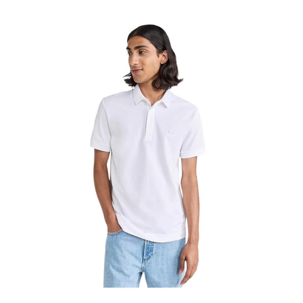 Lacoste men’s stretch cotton Paris polo shirt with a slim fit, concealed button placket, short sleeves, and signature crocodile logo.