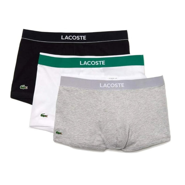 Lacoste men’s cotton stretch trunk underwear with a short-leg design, flexible fabric, and elastic logo waistband for everyday comfort.