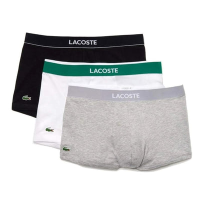 Lacoste men’s cotton stretch trunk underwear with a short-leg design, flexible fabric, and elastic logo waistband for everyday comfort.