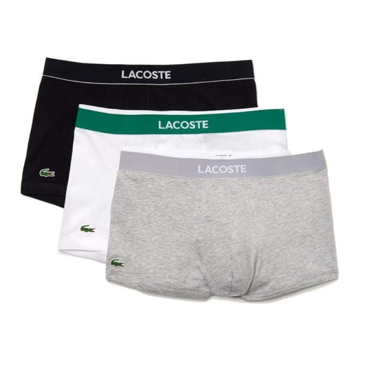 Lacoste men’s cotton stretch trunk underwear with a short-leg design, flexible fabric, and elastic logo waistband for everyday comfort.