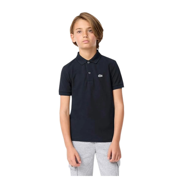 Kids Lacoste polo shirt with short sleeves, classic fit, ribbed collar, and signature crocodile logo for everyday wear.