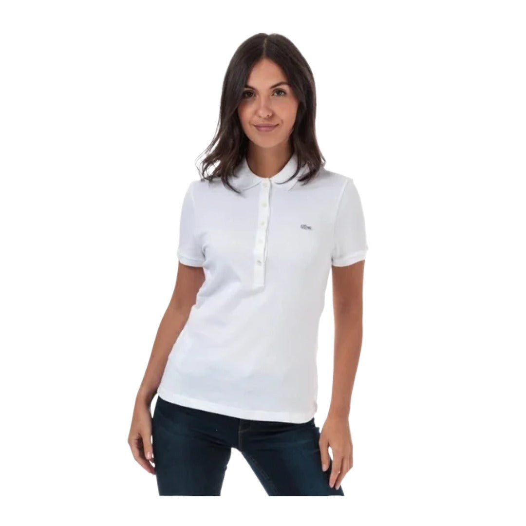 Lacoste women’s slim fit polo shirt made from stretch piqué fabric, featuring short sleeves, a fitted silhouette, and signature crocodile logo.
