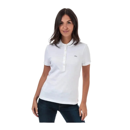 Lacoste women’s slim fit polo shirt made from stretch piqué fabric, featuring short sleeves, a fitted silhouette, and signature crocodile logo.