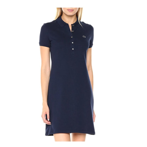 Lacoste women’s slim fit polo dress made from stretch piqué fabric, featuring short sleeves, a button placket, and signature crocodile logo.