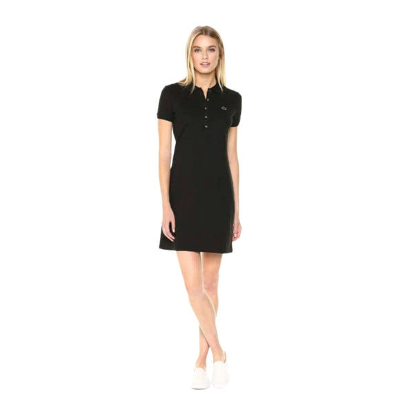 Lacoste women’s slim fit polo dress made from stretch piqué fabric, featuring short sleeves, a button placket, and signature crocodile logo.