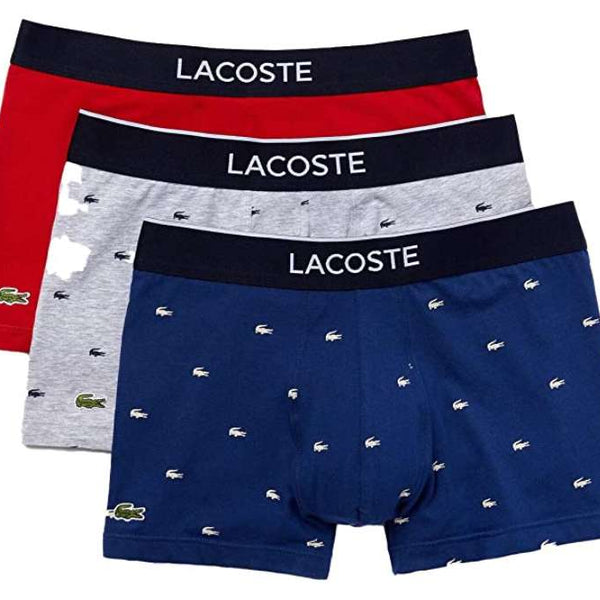 Lacoste Men's Casual Cotton Stretch Wording Trunks (3-Pack) (Methylene/Silver Chine-Red)