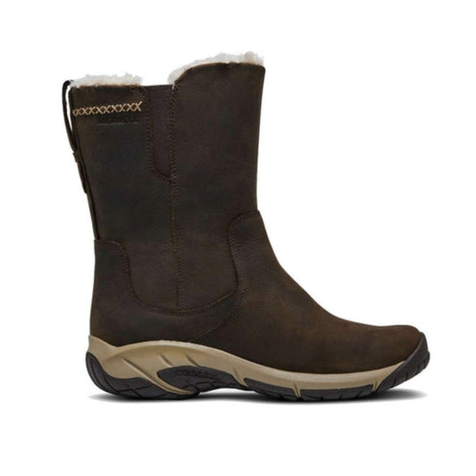 Women’s tall waterproof winter boots featuring a leather and synthetic textile upper, full-length side zipper, cozy fleece lining, warm insulation, cushioned footbed, padded collar, and durable rubber outsole for cold-weather wear