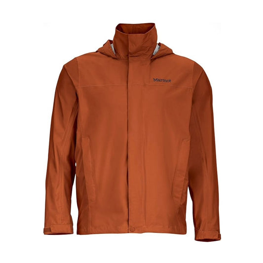 Man wearing Marmot PreCip waterproof rain jacket with hood and zip front, featuring lightweight breathable fabric and packable outdoor-ready design for rainy conditions