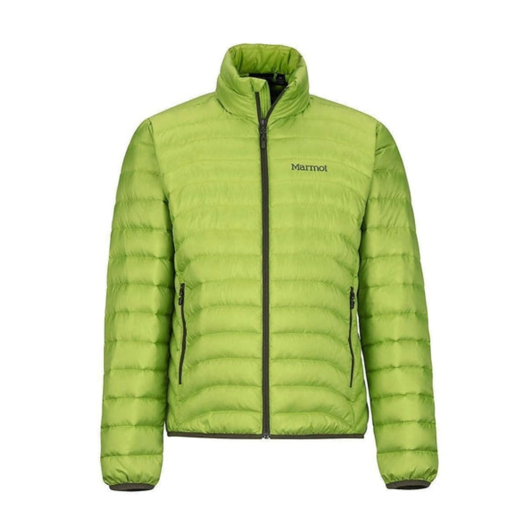 Man wearing Marmot Tullus lightweight down jacket with quilted design and zip front, providing warm, packable insulation for outdoor and everyday use