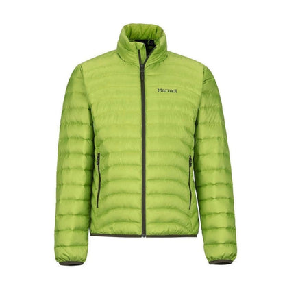 Man wearing Marmot Tullus lightweight down jacket with quilted design and zip front, providing warm, packable insulation for outdoor and everyday use