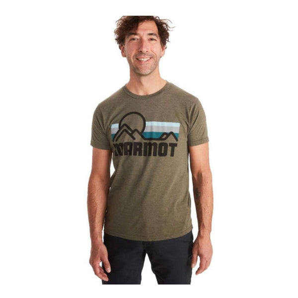 Man wearing Marmot Coastal short-sleeve t-shirt with a classic crewneck design, featuring lightweight breathable fabric for casual everyday wear