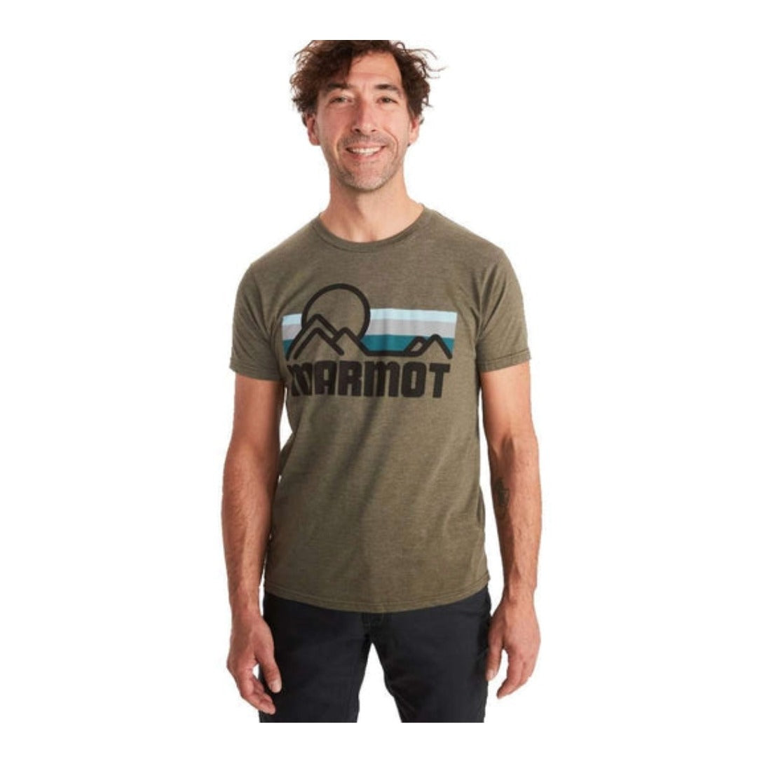 Man wearing Marmot Coastal short-sleeve t-shirt with a classic crewneck design, featuring lightweight breathable fabric for casual everyday wear