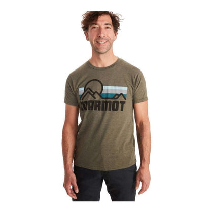 Man wearing Marmot Coastal short-sleeve t-shirt with a classic crewneck design, featuring lightweight breathable fabric for casual everyday wear