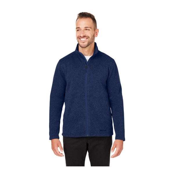 Man wearing Marmot Drop Line fleece jacket with full-zip front, zippered pockets, and soft sweater-knit fabric, styled for casual outdoor and everyday wear