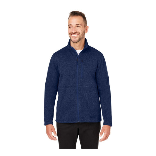 Man wearing Marmot Drop Line fleece jacket with full-zip front, zippered pockets, and soft sweater-knit fabric, styled for casual outdoor and everyday wear