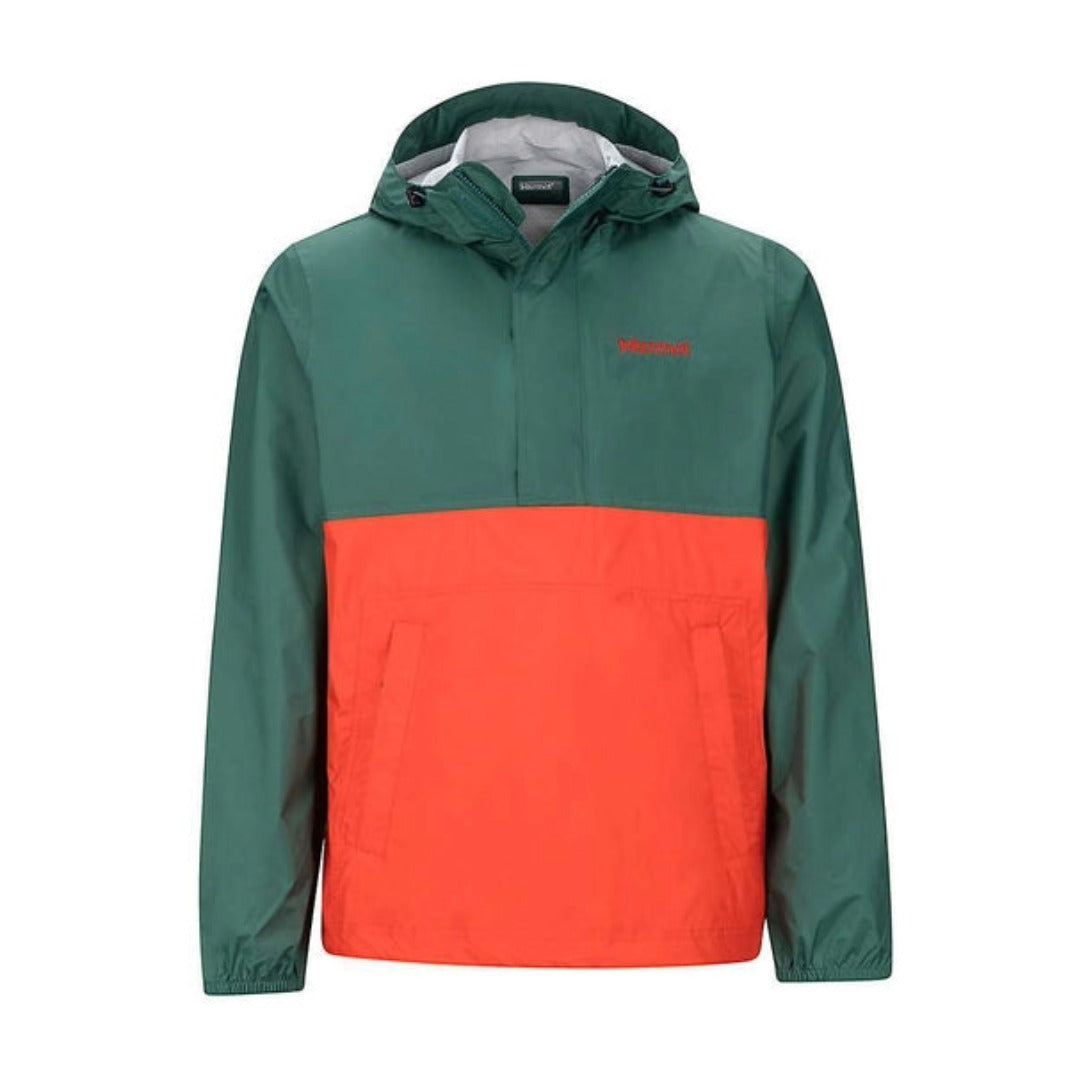 Man wearing Marmot PreCip anorak in Mallard green, featuring a half-zip waterproof design with hood, lightweight fabric, and packable outdoor functionality